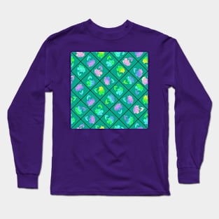 Window Pane Diagonal Floral Black Line on Teal Long Sleeve T-Shirt